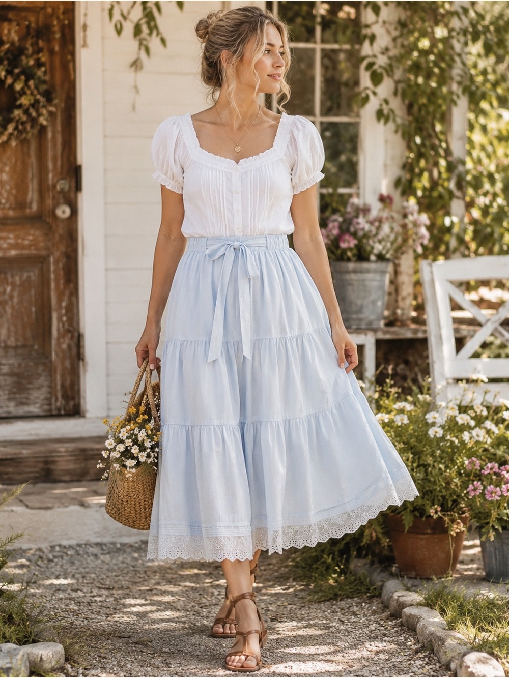 Alice Blue Light Blue Tiered Midi Skirt with Waist Tie